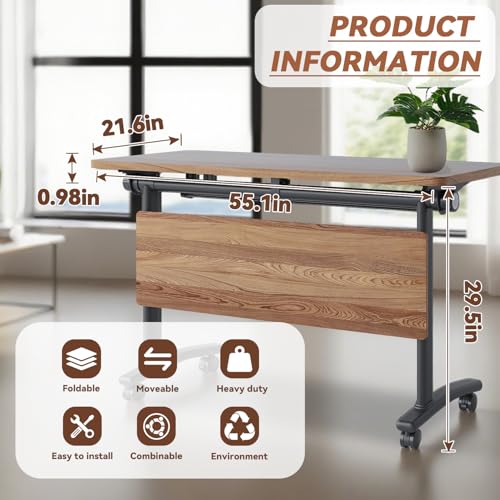 Folding Conference Room Tables with Wheels,Mobile Conference Table with Wooden Tabletop,Modular Training Tables Space Saving,Large Rolling Table for Office Classroom Meeting Room (4, Walnut, 55.1in) SOIUDNEB