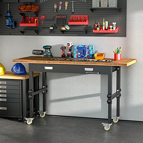 HOMCOM 59" Work Bench with Drawer, Height Adjustable Legs, Bamboo Tabletop Workstation Tool Table on Wheels for Garage, Weight Capacity 1320 Lbs, HOMCOM