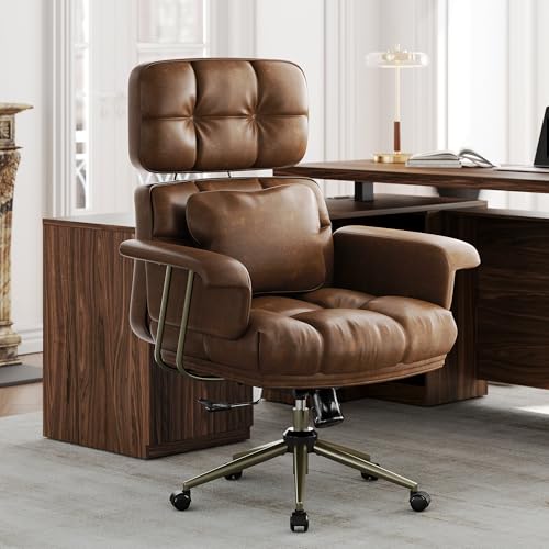 Perledesign Executive Leather Office Chair - Brown Ergonomic Desk Chair with Thick Cushion & Lumbar Support, Comfy Mid Century Modern Swivel Computer Chair for Home Office Perledesign