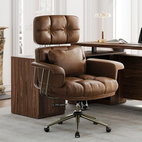 Perledesign Executive Leather Office Chair - Brown Ergonomic Desk Chair with Thick Cushion & Lumbar Support, Comfy Mid Century Modern Swivel Computer Chair for Home Office Perledesign