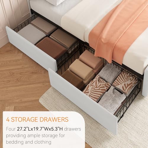 IDEALHOUSE Full Size Bed Frame with 4 Storage Drawers and Headboard, Faux Leather Upholstered Platform Bed Frame with Wooden Slats Support, Button Tufted Design, No Box Spring Needed, Beige IDEALHOUSE