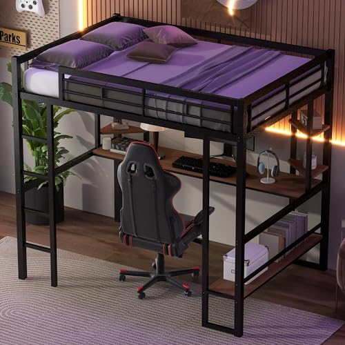 SOFTSEA Heavy-Duty Full Size Metal Loft Bed with Integrated Desk and Storage Shelves - WoodArtSupply