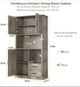 GarveeHome Modern Kitchen Pantry Cabinet with Microwave Stand, Tall Hutch Bar Cabinet with Drawers & Adjustable Shelves, Large Wood Storage for Dining Room, Living Room, Rustic Grey GarveeHome