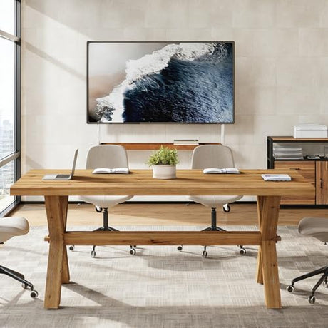 TRIBEWOOD 5.25 FT Solid Wood Conference Table for 4-6 People, Rectangle Meeting Seminar Table with Large Tabletop, Reinforced X-Shaped Legs and Crossbeams for Office Conference Room, Natural Wood TRIBEWOOD