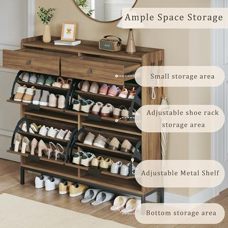 HUAHUU Rattan Shoe Cabinet with 4 Flip Drawers, Storage Cabinets with Adjustable Shelves, Narrow Shoe Cabinet with Metal Legs & Handles for Entryway, Hallway, Organizer, Rustic Oak Rattan HUAHUU