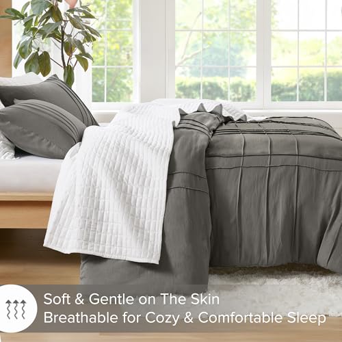 Comfort Spaces Grey Twin Size Duvet Cover Set - 2 Pieces Pintuck Pleated Duvet Cover All Season Lightweight, Extra Softness Pre-Washed Microfiber Twin Bedding Cover Shams, Twin/Twin XL Comfort Spaces
