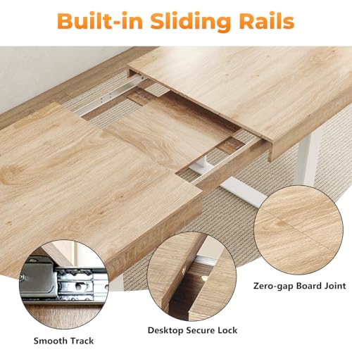 Zevemomo 63"-78.7" Expandable Dining Table, 6-10 Extendable Dining Table, Rectangle Conference Table, Farmhouse Kitchen Table with Slide Track, Tapered U-Shaped Wood Legs for Office, Living Room-Oak Zevemomo
