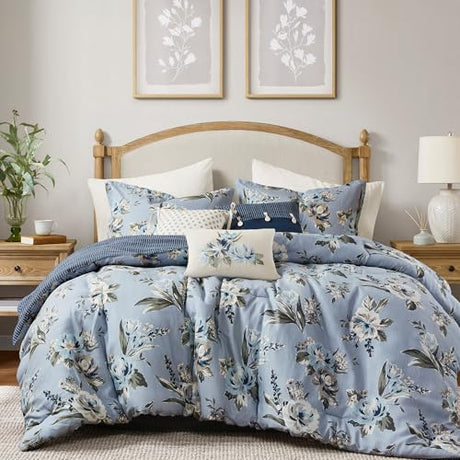 Madison Park King Comforter Set Vintage Floral Reversible Comforter, All Season, Down Alternative Bedding Comforter, Bedskirt, Pillows, Shams, Salara, King Blue 7 Piece Madison Park