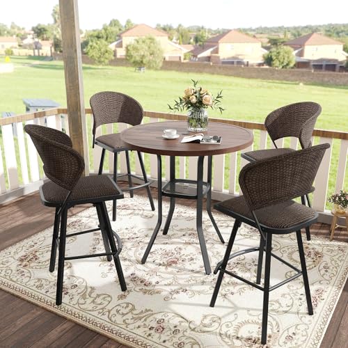 VICLLAX 5-Piece Outdoor Bar Set with Swivel Stools and Walnut Wood-Like Table VICLLAX