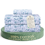 Feather & Stitch Softest 100% Cotton Sheets, 300 Thread Count Percale Weave Bedding, 16" Deep Pocket, Cooling Sheets, Breathable Bed Set, Hotel Premium Quality (Queen, Blue Floral) FEATHER & STITCH NEW YORK