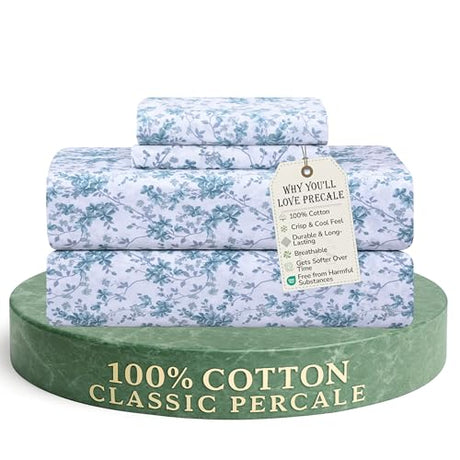 Feather & Stitch Softest 100% Cotton Sheets, 300 Thread Count Percale Weave Bedding, 16" Deep Pocket, Cooling Sheets, Breathable Bed Set, Hotel Premium Quality (Queen, Blue Floral) FEATHER & STITCH NEW YORK