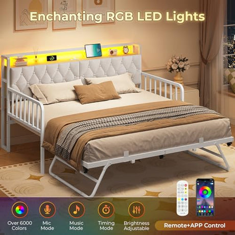 ADORNEVE Daybed with Trundle, Twin to King Daybed with Charging Station & LED Lights, Metal Trundle Bed Twin with Hidden Storage Headboard, Upholstered Sofa Day Bed for Living Room, Bedroom, White ADORNEVE