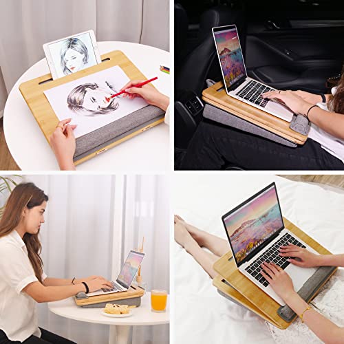 Laptop Desk, Angle Adjustable Lap Desk with Cushion, COIWAI Laptop Stand with Tablet Phone Holder, Portable Table Bed Tray, Bamboo Lapdesk for Laptop, Home Office Couch Notebook Book Bamboo - WoodArtSupply