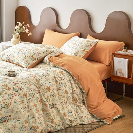 Wake In Cloud - Floral Duvet Cover Set, Botanical Flower Cottagecore Shabby Chic Aesthetic for Women Teen Girls, Soft Lightweight Bedding, 3-Piece, Orange Cream, Full Size Wake In Cloud