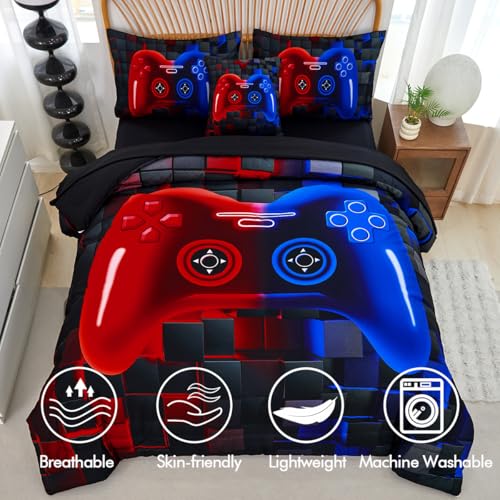 PERFEMET 6 Pieces Kids Comforter Sets Twin Size Red and Blue Game Console Bedding Set for Boys Girls Soft Fluffy 3D Cool Teen Gamer Bed in A Bag for All Seasons(Red Blue, Twin) PERFEMET