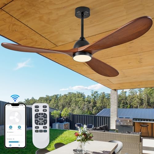 Eliora 54 inch Outdoor Ceiling Fan, Outdoor Ceiling Fans for Patios with Light and Remote Control, 3 Solid Wood Blades, Quiet DC Motor, Outdoor Ceiling Fans for Patios, Porch, Dark Walnut