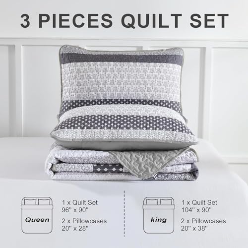 WONGS BEDDING Grey Quilt King Size, Bohemian Stripe Quilt Sets 3 Pieces Boho Quilted Bedspread Set Lightweight Microfiber Coverlet Bedding Set All Season (104"x90") WONGS BEDDING