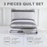 WONGS BEDDING Grey Quilt King Size, Bohemian Stripe Quilt Sets 3 Pieces Boho Quilted Bedspread Set Lightweight Microfiber Coverlet Bedding Set All Season (104"x90") WONGS BEDDING