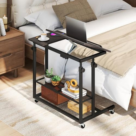 Giantex Mobile Standing Desk, Adjustable Rolling Computer Desk w/Tilting Desktop & Storage Shelves, PC Laptop Table, Small Compact Desk on Wheels for Small Space, Living Room & Bedroom (Black Oak) Giantex