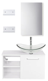 YOURLITE 28 Inch Floating Bathroom Vanity with Sink,White Modern Wall Mounted Bathroom Vanity and Tempered Glass Sink Combo with Mirror and Faucet and Pop-up Drain Set,Clear Boat Glass Sink YOURLITE
