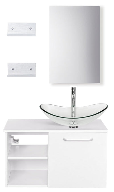 YOURLITE 28 Inch Floating Bathroom Vanity with Sink,White Modern Wall Mounted Bathroom Vanity and Tempered Glass Sink Combo with Mirror and Faucet and Pop-up Drain Set,Clear Boat Glass Sink