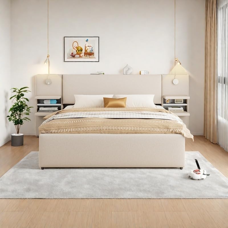 MaiDeHaoo Queen Size Upholstered Bed with with Trundle and 2 Storage Drawers, Luxury Queen Bed Frame with Storage Headboard and Reading Lights, Built-in Nightstands, Beige MaiDeHaoo
