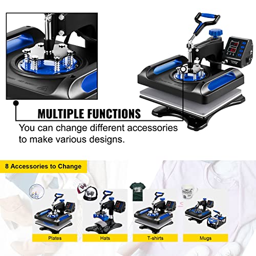 VEVOR Heat Press Machine for T-Shirts - 8 in 1 Heat Press Sublimation Machine with 360° Rotation/Dual-Tube Heating, 12 x 15 Swing Away Heat Press for DIY T-Shirts/Cap/Mugs/Heat Transfer Projects,Blue VEVOR