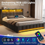 Rolanstar Bed Frame Full Size with Lift Up Storage, Charging Station & LED Lights, Upholstered Storage Headboard, Heavy Duty Wooden Slats, No Box Spring Needed, Noise Free, Easy Assembly, Dark Grey Rolanstar