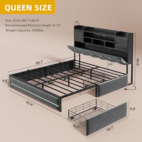 DWVO Queen Size Bed Frame with RGB LED Lights & Storage Bookcase Headboard, Upholstered Bed with Charging Station and 4 Drawers, No Box Spring Needed, Easy Assembly, Noise-Free, Velvet Grey DWVO