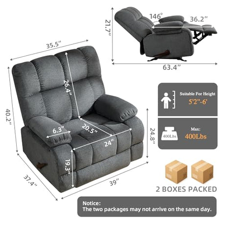 ParlorDream Oversized Rocker Recliner Chair, Overstuffed Extra Wide Manual Rocking Recliner, Adults Chair for Big Man, Reclining Sofa Chairs for Living Room,Grey ParlorDream