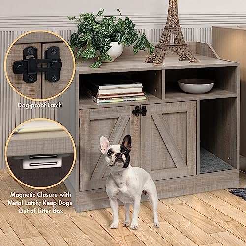 Front Row Cat Litter Box Furniture Enclosure | Wooden Hideaway Litterbox | Magnetic Closure with Metal Latch | Includes Cat Litter Trapping Non-Slip Mat with Scatter Control | Greige FRONT ROW