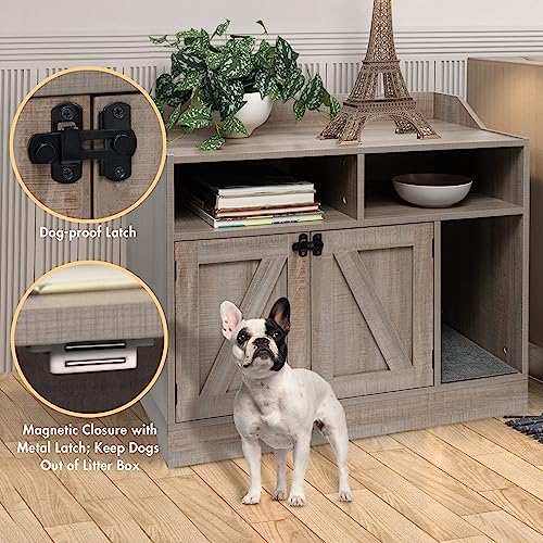 Front Row Cat Litter Box Furniture Enclosure | Wooden Hideaway Litterbox | Magnetic Closure with Metal Latch | Includes Cat Litter Trapping Non-Slip Mat with Scatter Control | Greige - WoodArtSupply