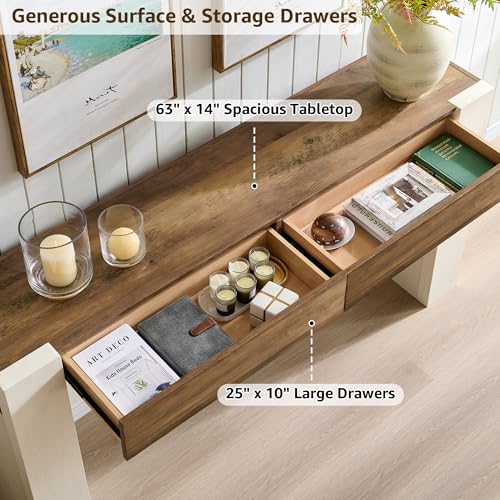 OKD Modern Entryway Console Table, Sofa Table with Drawers, 63" Long Hall Table Behind Couch, Thick Wood Design for Living Room, Hallway - Antique White OKD