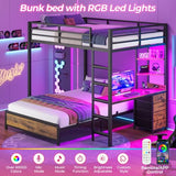 ADORNEVE Bunk Bed with Desk, Full Over Full Bunk Beds with Charging Station & Led Lights, 4 Storage Drawers & 2 Open Storage Shelves, Metal Loft Bed with Safety Guardrail & Ladder for Kids/Teen, Black ADORNEVE