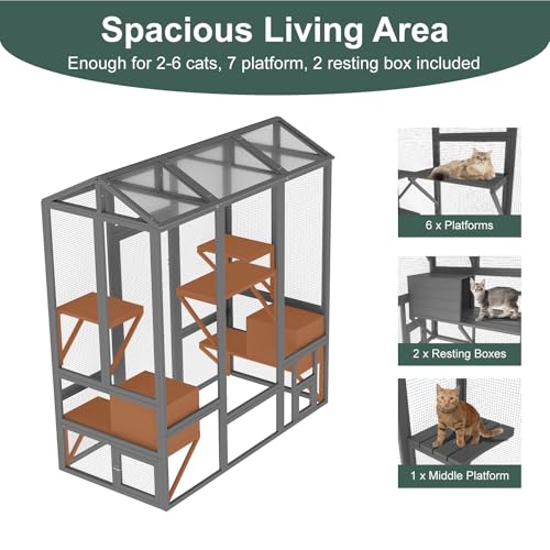 TIMHAKA 72 inch Catio Outdoor Cat Enclosure, Large Cat Catio for Multiple Cats, Outdoor Cats Enclosure with Waterproof Cover, Sunshine Roof, 7 Platforms, 2 Resting Boxes, Wooden Indoor Pet Cage, Grey TIMHAKA