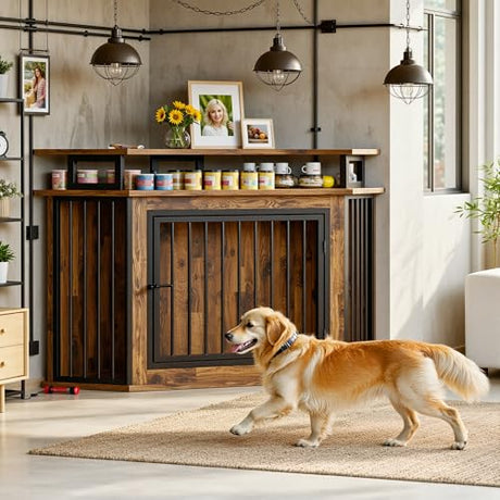IRONCK 51" Corner Wooden Dog Crate Furniture with 2-Tier Shelves, Pet Kennel for Large Dogs, Space-Saving Dog Cage for TV Stand, Rustic Brown (26.7" L x 51.2" W x 33.5" H) IRONCK