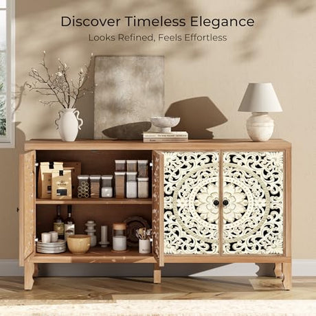 Furnivado Buffet Cabinet with Storage, Accent Cabinet with 4 Carved Doors, Solid Wood Sideboard with Adjustable Shelf, Vintage Cabinets for Kitchen, Living Room, Entryway, White&Natural Furnivado