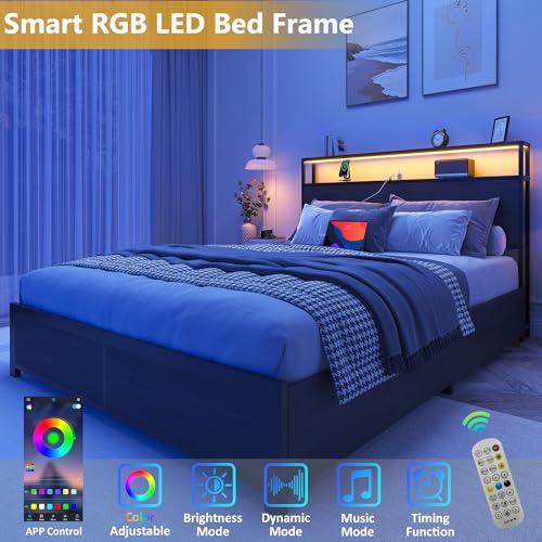 Lifezone Full Bed Frame with 2-Tier Storage Headboard, Metal Platform Bed Frame with 4 Storage Drawers, Built in Charging Station & LED, Noise-Free/Metal Support/No Box Spring Needed, Rustic Grey Lifezone