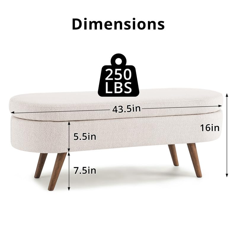 43.5 Inches Storage Ottoman Bench, Linen Upholstered Entryway Bench with Solid Wood Legs & Safety Hinge Flip Top, Oval Foot Rest Sofa Stool for Bedroom End of Bed Living Room, 250 lbs Load, B - WoodArtSupply