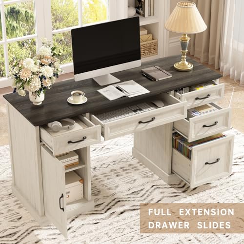 CARPETNAL 58'' Farmhouse Executive Desk with Drawers, Home Office Desk with File Drawer and Storage Cabinet, Rustic Computer Desk for Working, Studying, Writing, White CARPETNAL