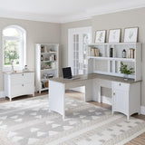 Bush Business Furniture Salinas 60W L-Shaped Desk Set with Hutch, File Cabinet, and Bookcase in Shiplap Gray and Pure White Bush Business Furniture