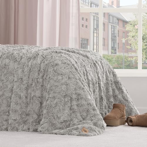 UGG Adalee Faux Fur Twin Blanket, Fluffy Blanket for Bed, Cozy Oversized Throw for Couch, Washable Twin XL Bedding, Luxury Home Decor, 66" x 90", Seal Grey UGG