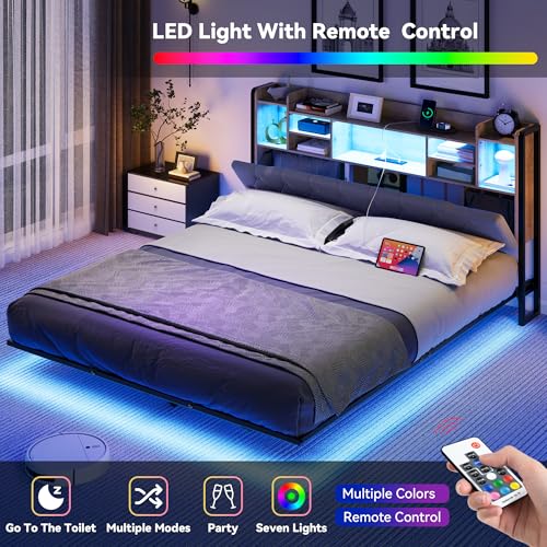 YITAHOME King Floating Bed Frame, Upholstered Platform Bed with RGB LED Lights, Headboard Storage, and Charging Station, No Box Spring Needed,Dark Gray YITAHOME
