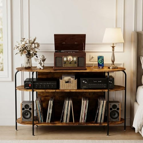 Faesun Large Record Player Stand with Vinyl Record Storage & Power Outlets, Holds 200+ Albums, 3-Tier Turntable Stand for Living Room & Bedroom, Mid Century Round Shelf Design,Vintage Faesun