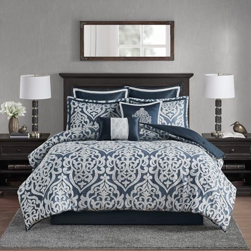 Madison Park Odette Cozy Comforter Set Jacquard Damask Medallion Design - Modern All Season, Down Alternative Bedding, Shams, Decorative Pillows, King(104 in x 92 in), Navy 8 Piece Madison Park