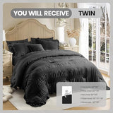 QUIETSEA Twin Comforter Set Seersucker 5 Pieces Luxury Ruffle Bed in a Bag Twin Size for All Season Black Bedding Set with Comforter, Pillowcase, Flat Sheet, Fitted Sheet and Pillow Sham QUIETSEA