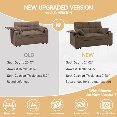 hansones 65'' 3-in-1 Folding Convertible Sofa Bed, Pullout Sofa, Modern Chenille Fabric, 360° Swivel Side Table, Easy Assembly, Perfect for Living Room(ZY-1107A-Brown) hansones