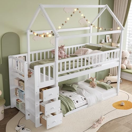 Bellemave Bunk beds Twin Over Twin Size with Drawers and Shelves Storage, Floor bunk Bed,White Bellemave
