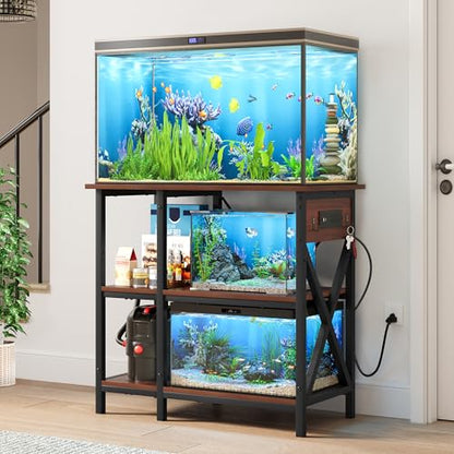 YITAHOME 10-29-37 Gallon Fish Tank Stand with Power Outlet, 30x16 Inch Metal Aquarium Stand with 3-Tier Adjustable Storage Shelves and Hooks, 450LBS Capacity, Rustic Brown