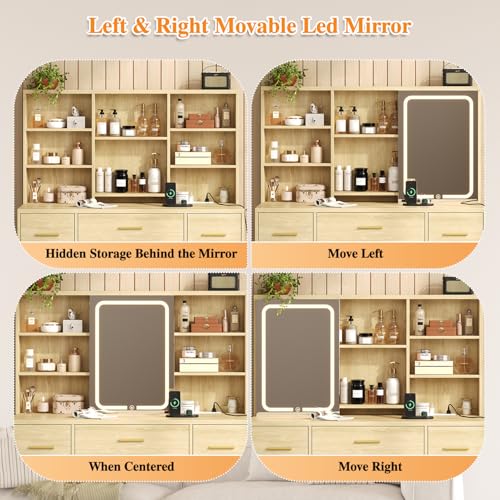 47'' W Large Vanity Desk with Mirror and Lights, 8 Storage Shelves 7 Drawers Vanity Table, Big Makeup Vanity Desk with 3 Lighting Modes, Vanity Dresser with Charging Station, Sliding Mirror (Natural) knoworld